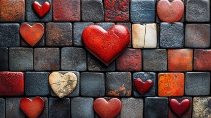 Fototapeta premium Colorful Heart-Shaped Stones on Textured Brick Wall Creating a Vibrant and Artistic Background