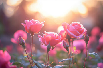 Fototapeta premium Close-Up of Pink Roses in Bloom at Sunrise with Soft Light and Natural Background.