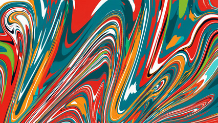 A vibrant, abstract swirl of bold colors, including red, teal, orange, and green, creating a dynamic, fluid movement resembling marbled paint patterns.