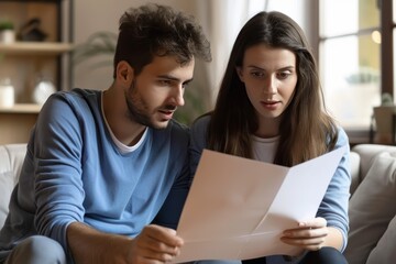 Obraz premium Concerned homeowners discussing mortgage loan terms while reading important documents.