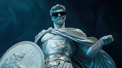 Obraz premium Dynamic Marble Heroic Statue: Bold Figure in Black Sunglasses with Silver Armor - Perfect for Sport-Themed Interior Posters