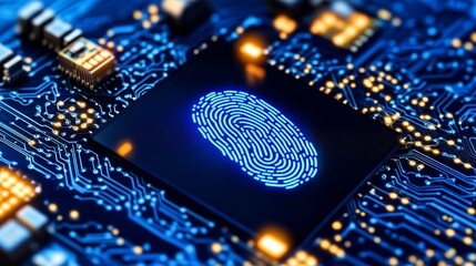 Integrates fingerprint with printed circuit, concept digital security, identity technology.