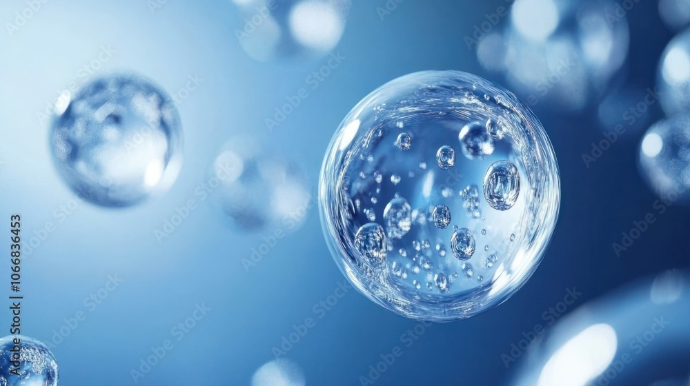 Poster abstract view of stem cells floating in a blue liquid environment, symbolizing cell research and sci