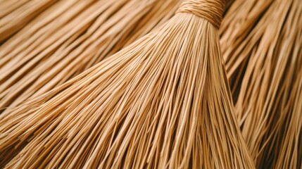 Close-up of handmade straw broom, rustic craftsmanship, earthy texture