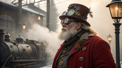 Steampunk Santa Claus wearing goggles and a top hat standing near a vintage steam train