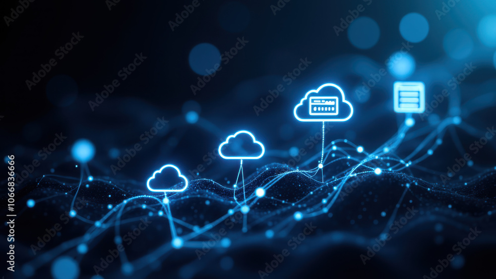Aufkleber abstract digital technology and data flow concept with blue glowing dots on a dark background.
