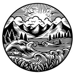 Vector sketch, mountains and forest, imitation of a pencil drawing. Generative ai.