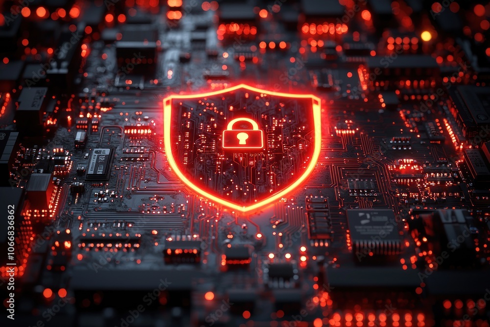 Poster glowing red shield icon on a circuit board