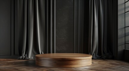 Empty wooden round podium stage illuminated with light and cloth curtain.