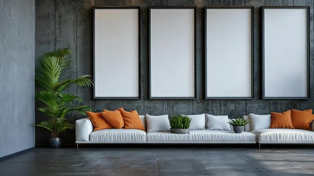 A modern living room with a white sectional sofa and four empty frames on a concrete wall