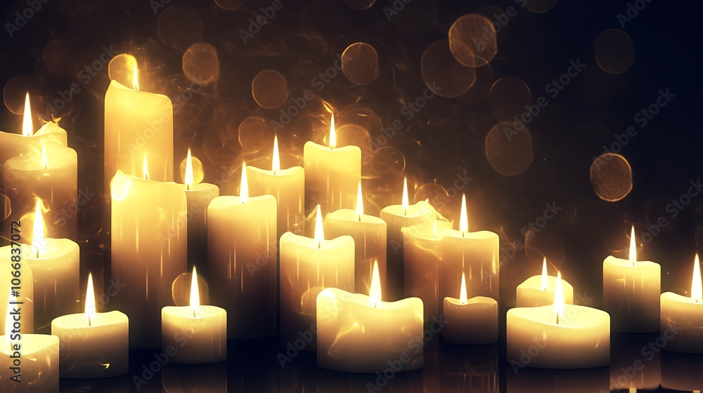 Poster a row of candles are lit and arranged in a line
