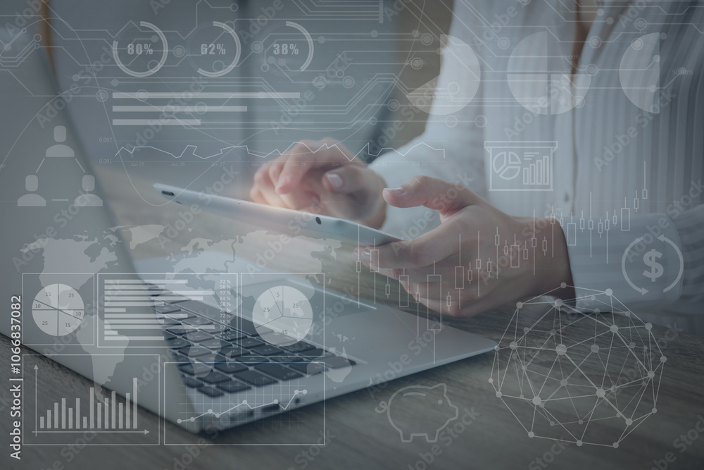 Poster technology and business. woman working on tablet computer at table and graphs with schemes, double e