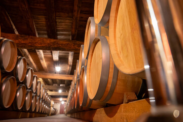 WIne celler with french oak barrels for aging of red wine made from Cabernet Sauvignon grape...