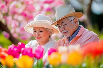 A loving happy elderly Asian couple family in garden in the backyard, colorful flowers, joyful expressions.