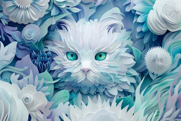 Illustration 3D paper cut out kitten with flowers around.