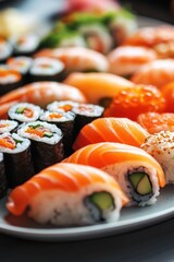Plate of assorted sushi rolls, including some with avocado