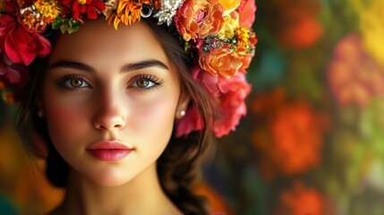 Naklejka premium Portrait young woman wearing a flower tiara for Hispanic Heritage, Spanish culture.