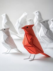 Origami birds with one red bird as the leader, paper folding craft promoting creative thinking, print for National Origami Day
