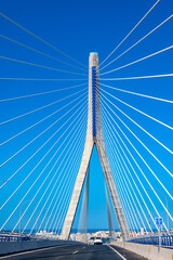 View on cable-stayed bridge with high pylons across the Bay of Cadiz, linking Cadiz with Puerto Real in mainland Spain