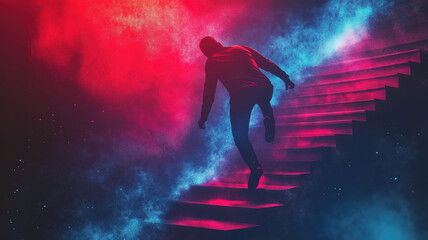 Fototapeta premium Illustrating bankruptcy and career failure concepts with a man falling down stairs in neon gradients