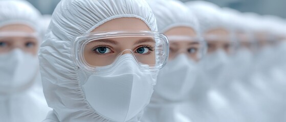A group of individuals in protective gear, including masks and goggles, lined up in a sterile environment, suggesting a focus on safety and cleanliness.