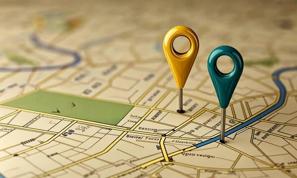 Two 3D location markers pinned into a vintage style city map with roads and a river.