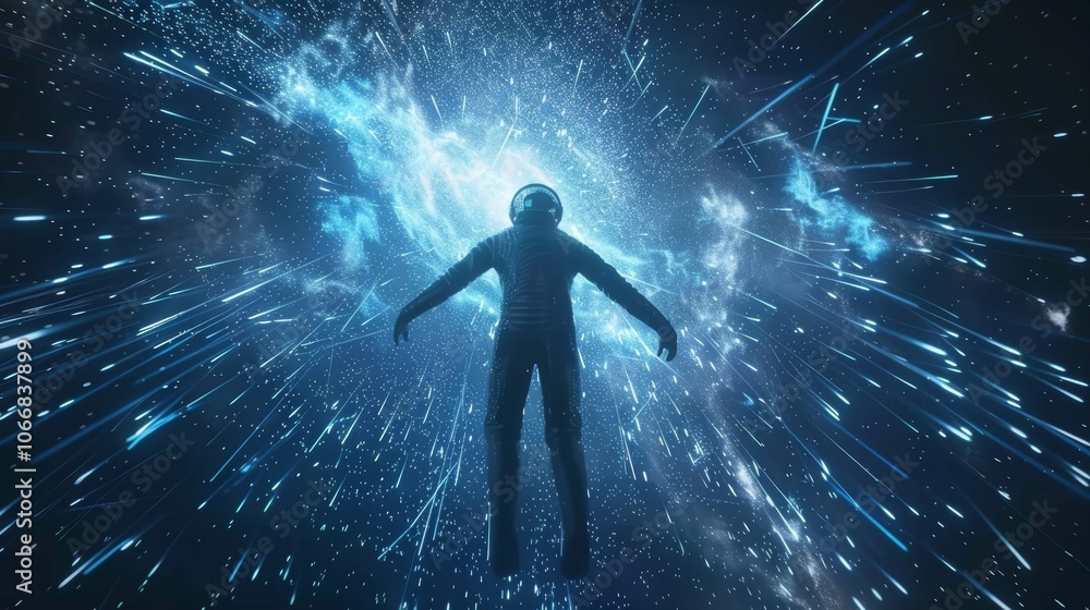 Poster astronaut wearing a spacesuit floats in space with arms outstretched, traveling through a quantum re