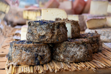 Farmer shop in Biarritz, France, Basque Country and Pyrenees sheep, goat cheeses for sale, smoked Tomme with flowers, farmers cheese