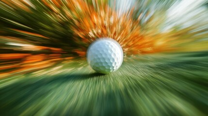 The shot captures a golf ball in motion as it travels smoothly across the lush green grass towards the hole. Colorful autumn leaves provide a vibrant backdrop