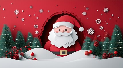 Santa Claus surrounded by snowflakes and trees, Christmas paper cutout art for cards, whimsical crafts for Xmas cards