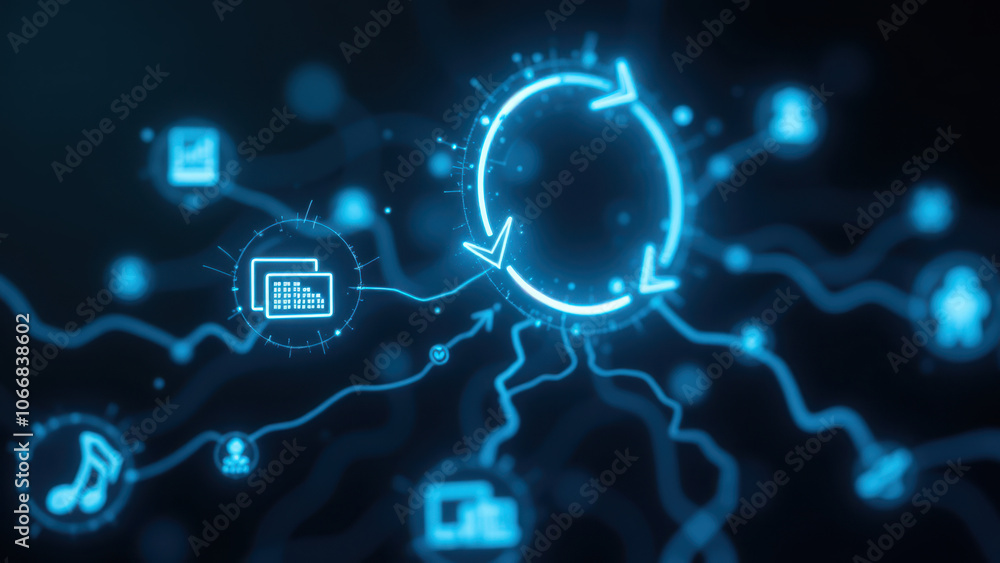 Poster digital illustration of a ci/cd pipeline with interconnected nodes and icons.