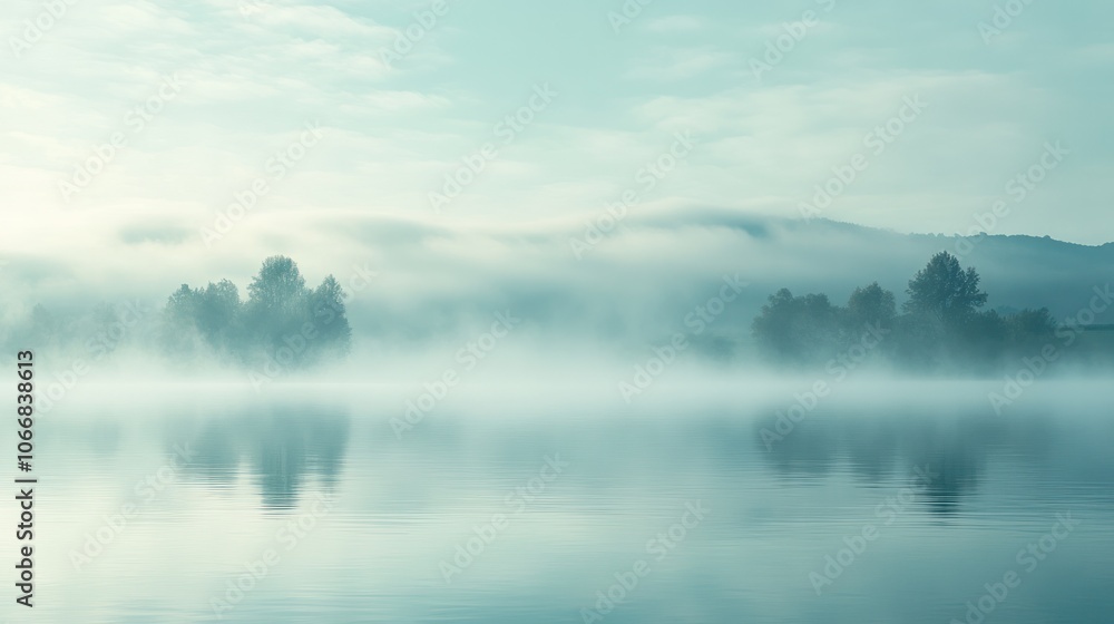 Poster a serene morning landscape featuring a dense layer of fog rolling over a calm lake, with soft light 