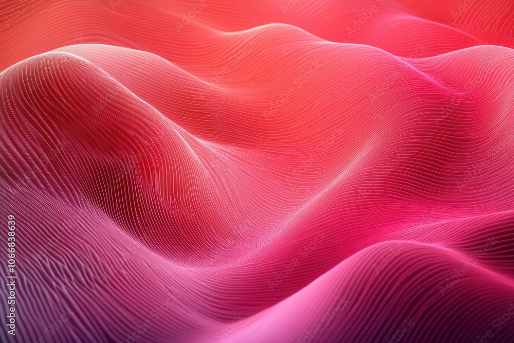 Poster vibrant pink and red gradient background with dynamic wavy lines creating an abstract and calming vi