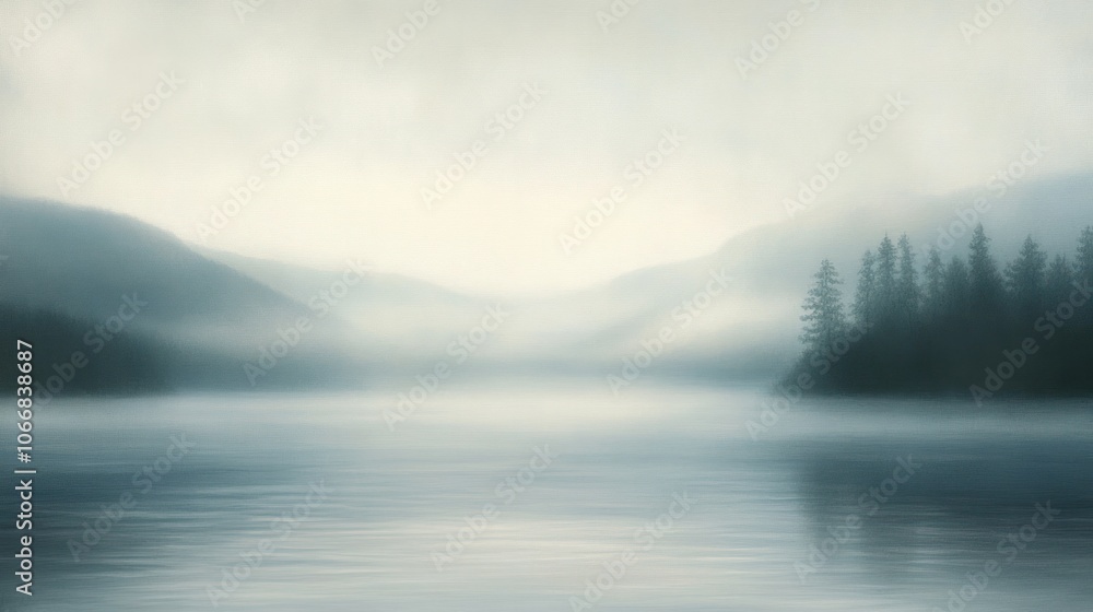 Poster a serene morning landscape featuring a dense layer of fog rolling over a calm lake, with soft light 