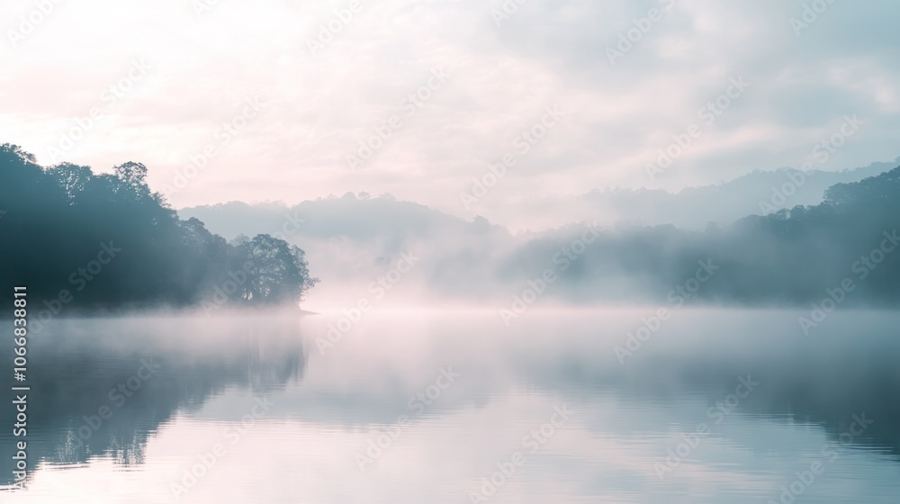 Poster a serene morning landscape featuring a dense layer of fog rolling over a calm lake, with soft light 