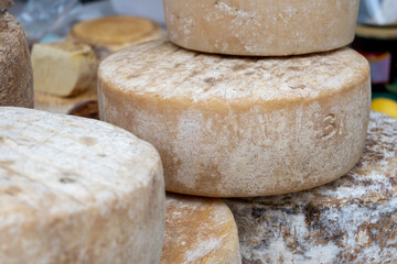 Farmer shop in Biarritz, France, Basque Country and Pyrenees sheep, cow and goat cheeses for sale, Tomme, Fermier Brebis, farmers cheese