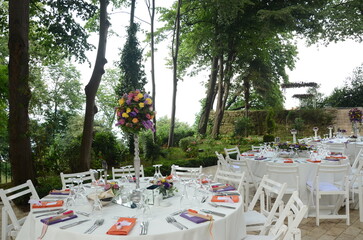 Outdoor Wedding Reception Setup with Elegant Tables and Floral Centerpieces