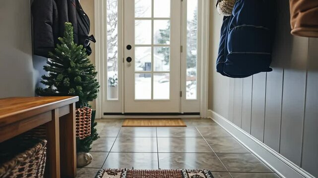 A small tree sits next to a wooden bench in a home entryway with a white door leading outside