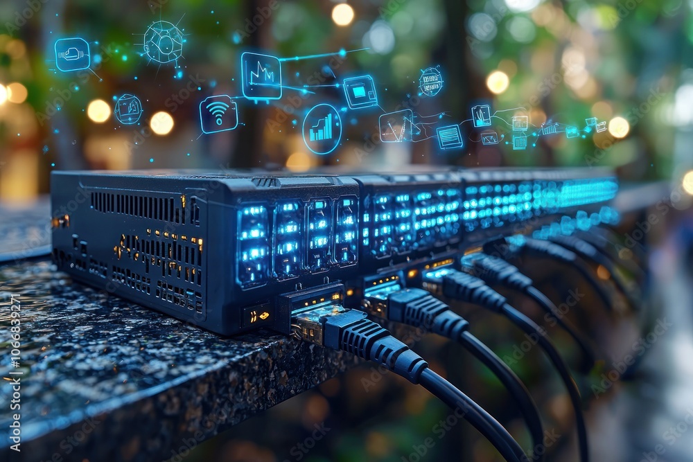 Aufkleber network server with blue lights and cables connected to a network