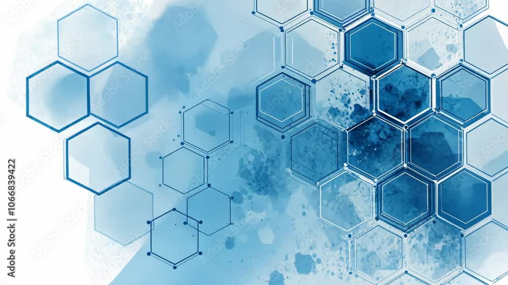 Poster blue hexagons and watercolor spots create an abstract pattern on a white background