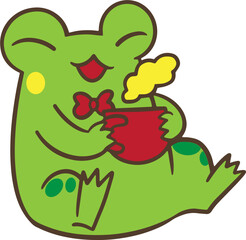 Adorable Green Frog drinking coffee Cartoon Character