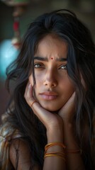 Fototapeta premium Portrait of a young Indian woman with green eyes, bindi, and traditional attire. Serene expression, thoughtful gaze, and cultural essence captured in detailed description.