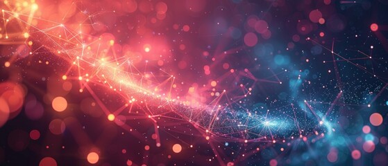 Abstract computer-generated image of a starry galaxy network in deep blue with red, blue, and purple hues. White spots resemble stars, interconnected by points and lines,