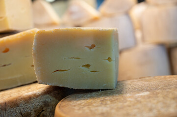 Farmer shop in Biarritz, France, Basque Country and Pyrenees sheep, cow and goat cheeses for sale, Tomme, Fermier Brebis, farmers cheese, close up