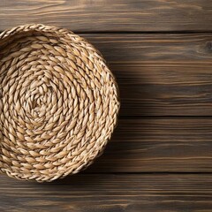 Hand-woven straw basket on a rustic wooden table, detailed texture, cozy feel
