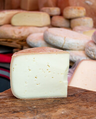 Farmer shop in Biarritz, France, Basque Country and Pyrenees sheep, cow and goat cheeses for sale, Tomme, Fermier Brebis, farmers cheese