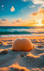 Seashells and Starfish on Sand Beach at Sunset. Concept about travel and relaxation on a sandy beach.