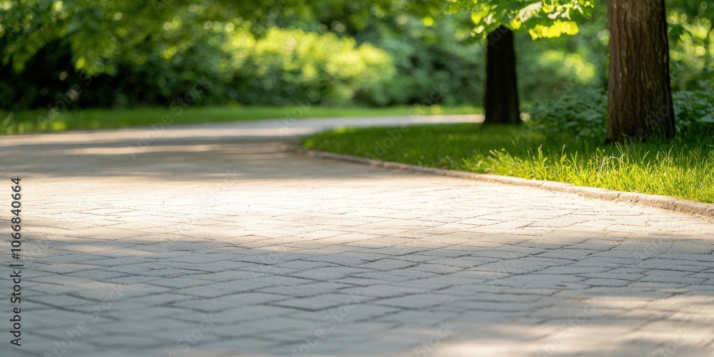 Poster paved pathway winding through green trees with sunlight filtering through leaves.