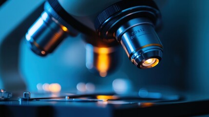 Fototapeta premium Microscope view of bright stem cells on a blue background, symbolizing scientific discovery