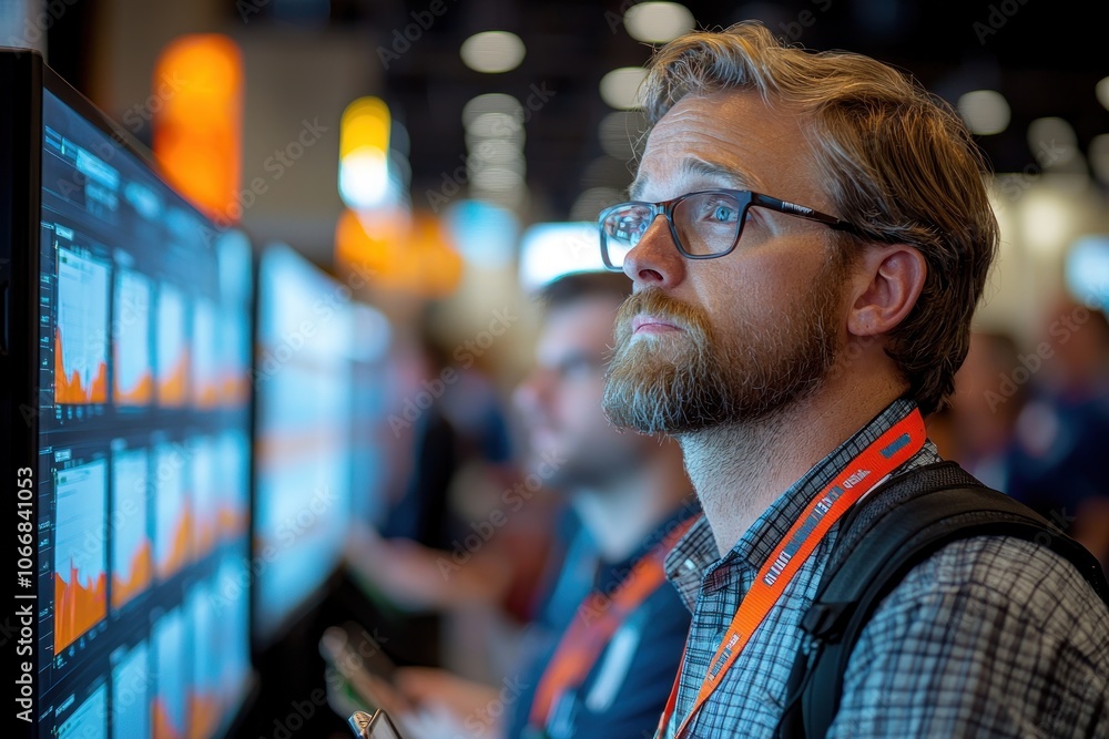 Poster Man in Glasses Looking at Data on a Computer Screen